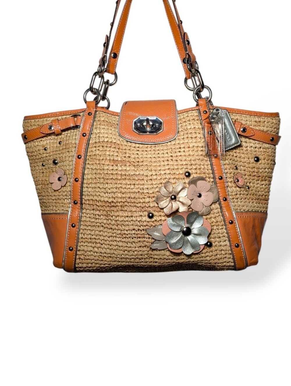 Coach Madison Straw Tote Flower Applique Natural & Orange Raffia Silver Studded